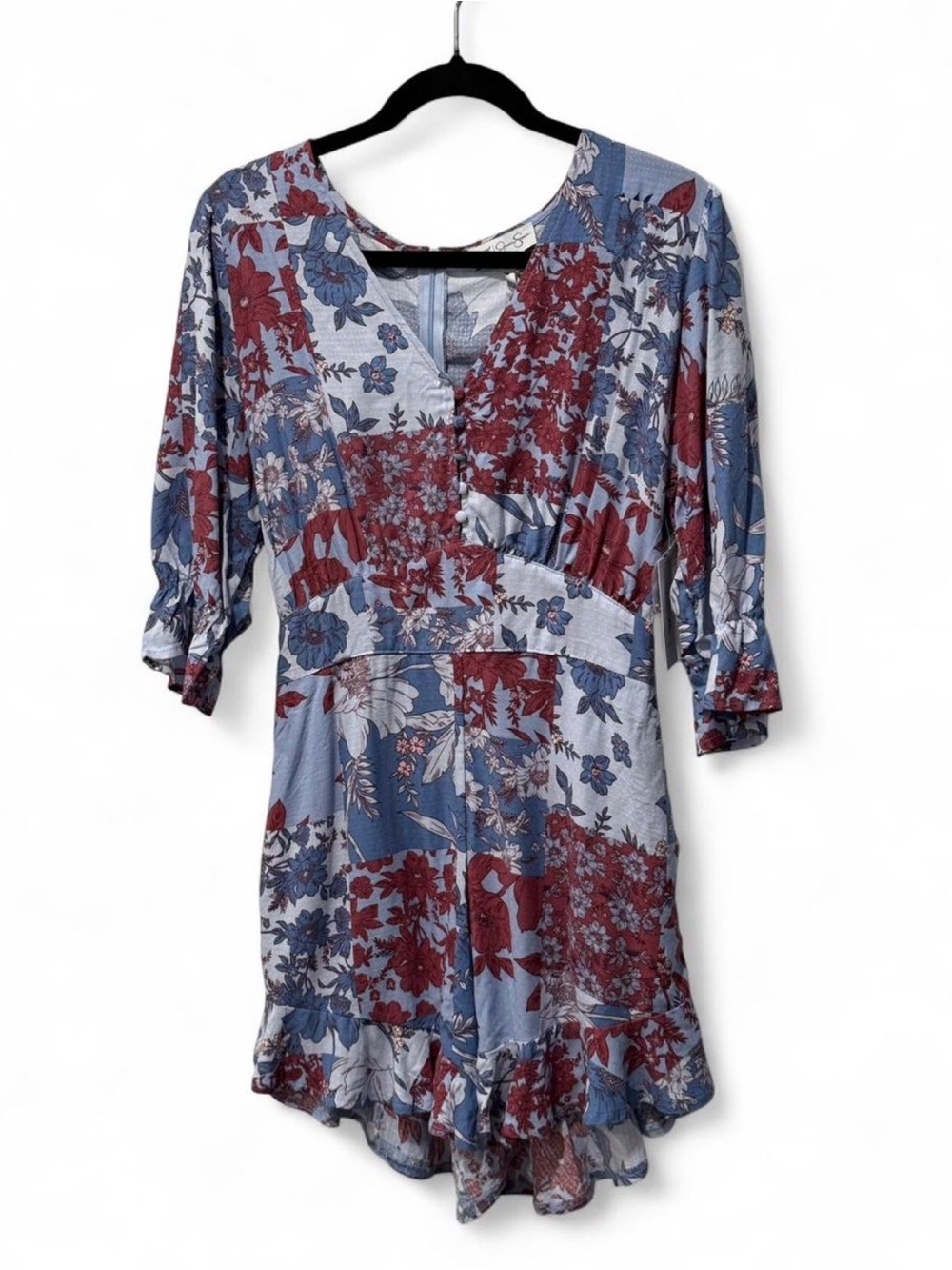 Jessica Simpson Floral Patchwork V-neck romper in Blue and Burgundy size S